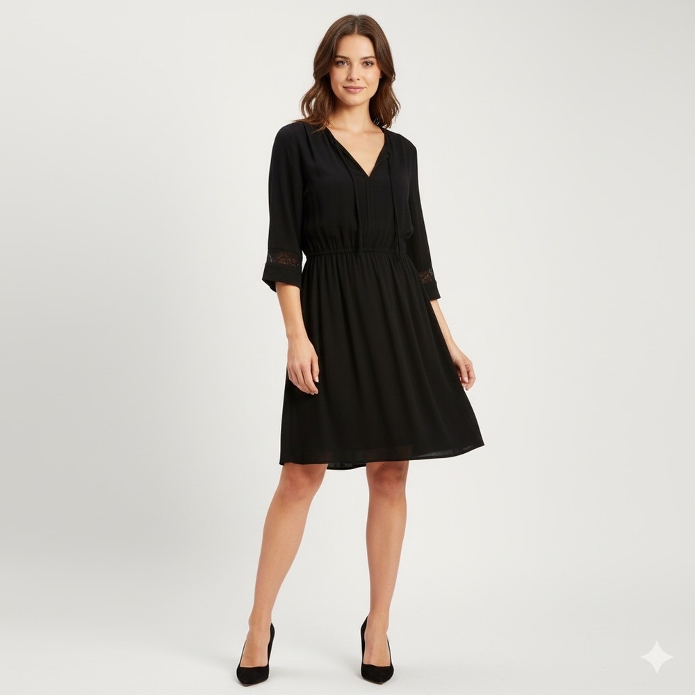 Comptoir Des Cotonniers A‎ Line Dress Women Large Black 3/4 Sleeves Knee Length